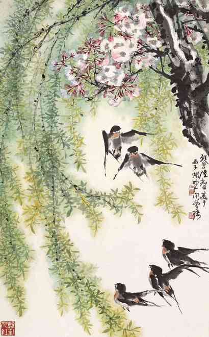 陆抑非 桃柳春燕 立轴